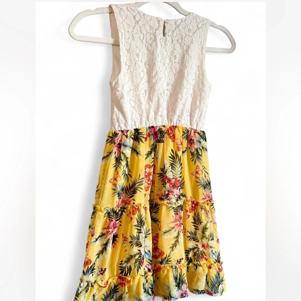 Knitworks Girls Size 10 Yellow floral tiered‎ dress with white lace top